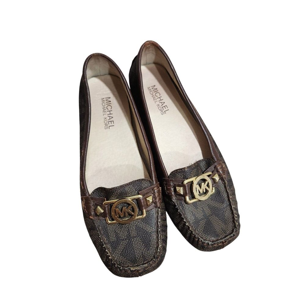 Michael Kors Brown Logo Loafers Flats Gold MK Hardware Women’s Size 6M